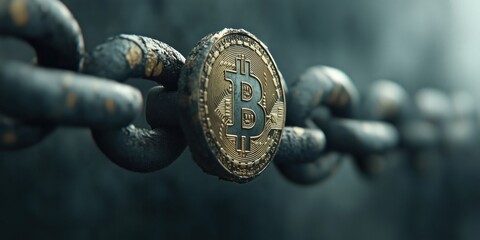 Bitcoin symbol on a chain link representing blockchain technology and digital currency security in a modern financial landscape