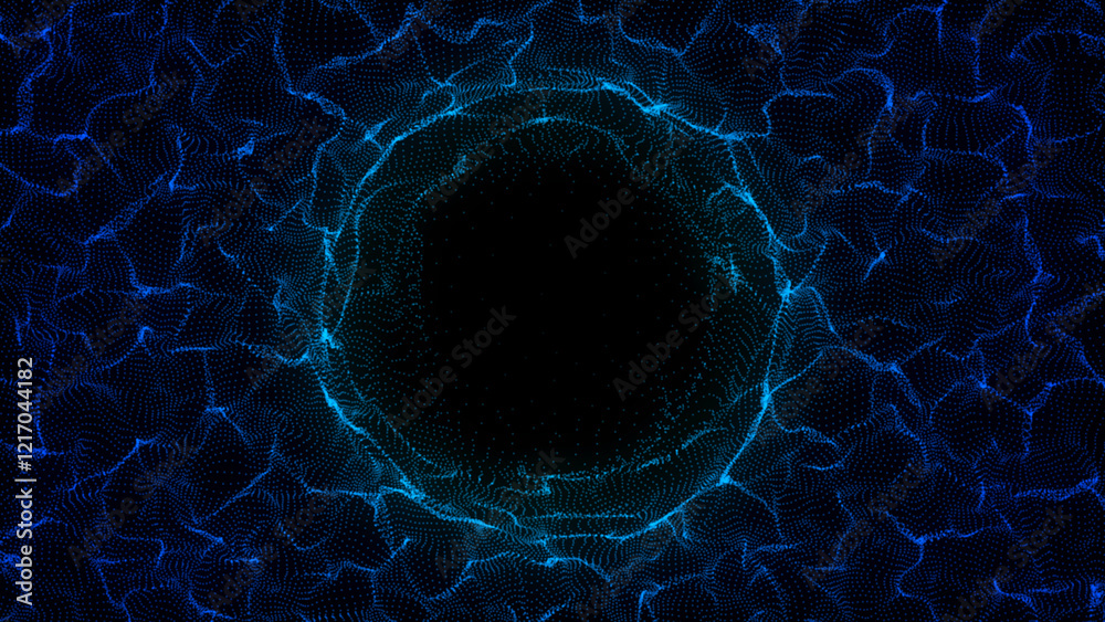 Poster abstract blue sphere in the wave on black background. wormhole or speed tunnel technology. wireframe
