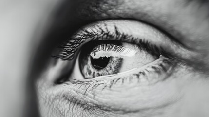 Close-up of a human eye showcasing intricate details, reflections, and textures in black and white