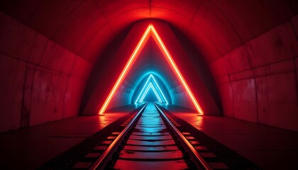 Obraz premium Neon Triangle Tunnel: Red and Blue Glowing Lights on Railroad Tracks