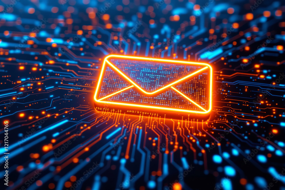 Poster Digital email icon illuminated in neon style with a circuit board background.