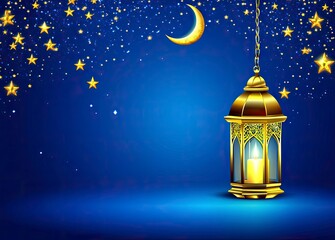 Ramadan background, with ample copy space for text and graphics, adorned with an ornate lantern glowing under the crescent moon's light