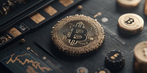 Close-up of a bitcoin coin on a digital display highlighting cryptocurrency trends and market fluctuations