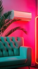 A modern living room featuring an energy-efficient air conditioner against a vibrant pink wall, with a stylish teal sofa and neon lighting.