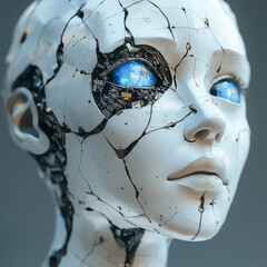 face of broken humanoid robot - but eyes growing blue