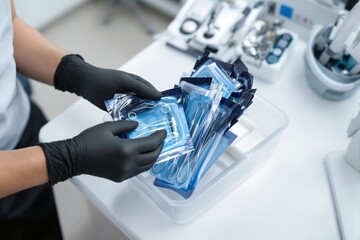 Sterile medical instruments being prepared in a clinical setting by gloved hands.