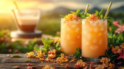 Iced Peach Cocktails Sunset Garden