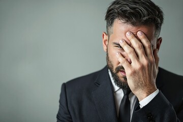 Businessman in frustration covering his face with hand on neutral background.