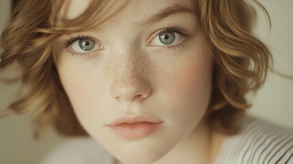 Naklejka premium Close-up portrait of a young girl with curly hair and freckles, soft lighting, serene expression