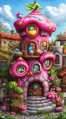 Fototapeta premium Whimsical Pink Mushroom House in a Fantasy Village Setting
