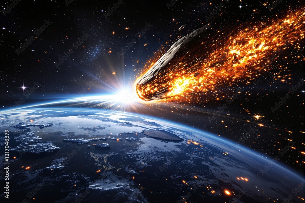 Poster meteor entering earth's atmosphere with bright fiery trail over space background.