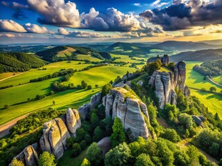 Obraz premium Panoramic View: Majestic Blue Sky, Lush Green Hills, and Rugged Rocks
