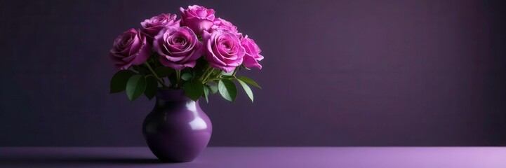 Elegant, curved vase holding a lush bouquet of rich purple roses, curvedvase, bouquet, roses