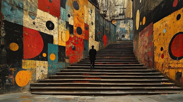 Picture of a man climbing the stairs of a street colored with murals