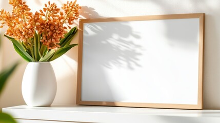 This elegant image showcases a flower vase alongside an empty frame, beautifully lit to cast soft shadows, perfect for symbolizing creativity and reflection in a tranquil setting.