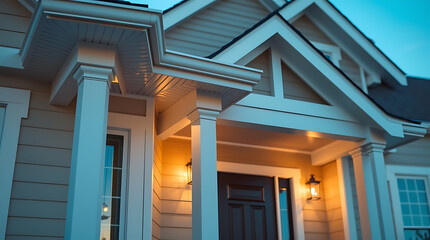 Fototapeta premium Captivating Evening View of a House Exterior: Architectural Details and Warm Lighting Enhance the Home's Charm