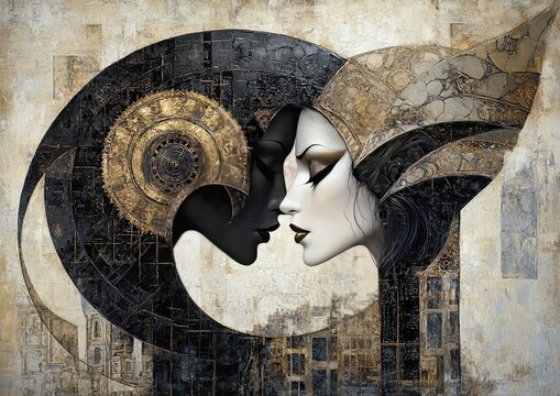 Abstract painting of a black woman and a white woman.