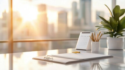 Fototapeta premium Minimalist Modern Office Workspace with City View and Natural Light