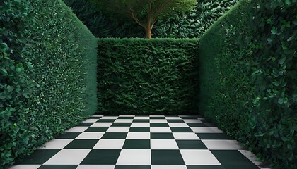 Surreal Green Hedge Corridor with Checkered Floor Virtual Background