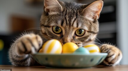 A playful tabby cat intensely examines a bowl of vibrant Easter eggs, showcasing its curiosity and playful nature during the festive holiday season.