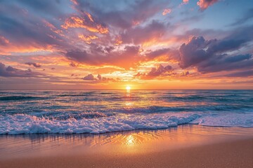 Fototapeta premium Vibrant sunset over ocean waves with colorful sky reflecting on sandy beach.