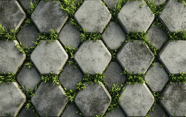 High-resolution photo of a gray hexagonal paver with grass growing between the cracks, top view. The background is clean and neutral to highlight the unique shape of the concrete pavers as they form