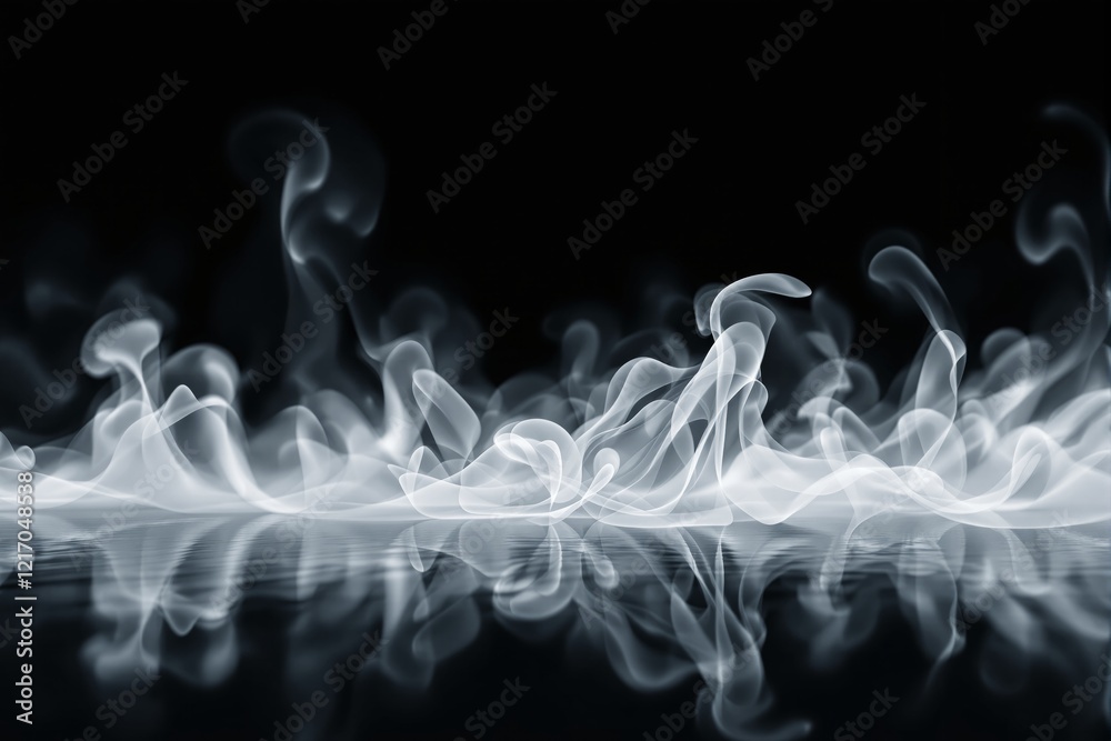 Poster Abstract wisps of white smoke reflected on a dark glossy surface.