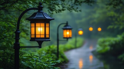 Illuminated path, misty forest, rain, lanterns, ambiance