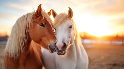 Fototapeta premium This image captures two horses intimately embracing as the sun sets behind them, illustrating a tender moment filled with warmth and companionship in a beautiful setting.