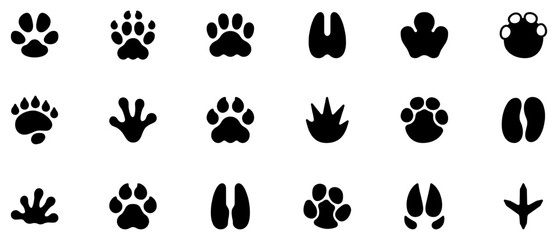 Animals paw prints. Paw icon set. Collection of various kinds of animal footprints. Vector Illustration. EPS 10