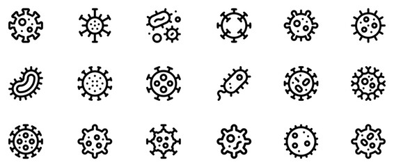Bacteria, virus icon set. A set of line icons related to infectious diseases. Covid, tb, pox, HIV, malaria, dengue, Zika, cough, handwash, social distancing, flu, and so on. Vector Illustration. EPS 1