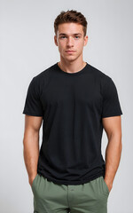 Obraz premium A man wearing a black t-shirt and green pants.