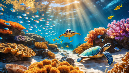 Breathtaking Underwater Scene with Turtles, Coral Reefs, and Vibrant Marine Life

