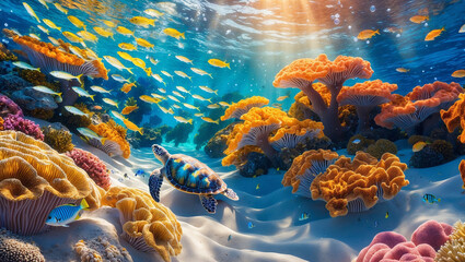 Breathtaking Underwater Scene with Turtles, Coral Reefs, and Vibrant Marine Life

