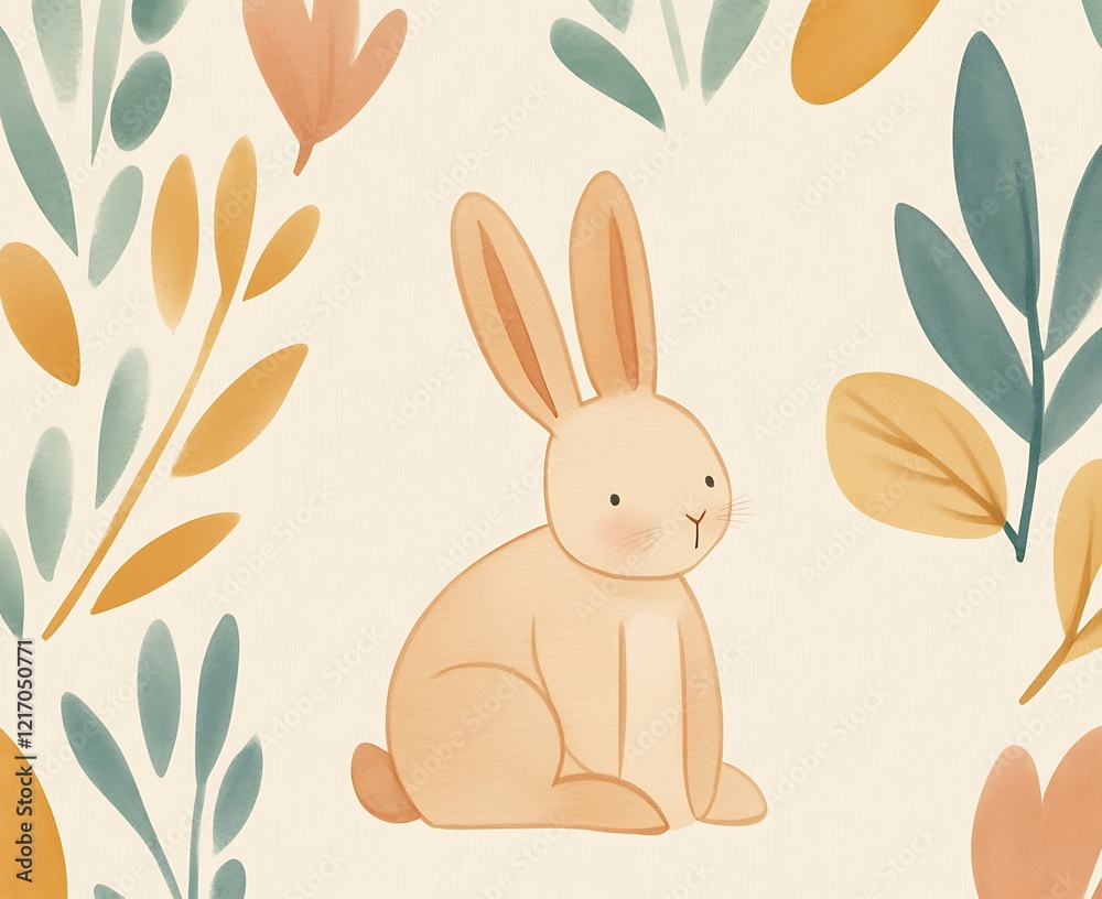 Poster Cute cartoon bunny surrounded by autumn leaves.