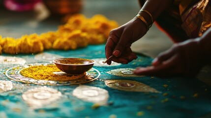 Fototapeta premium A person holding a small bowl and placing it on a table, suitable for use in lifestyle, family or social media content