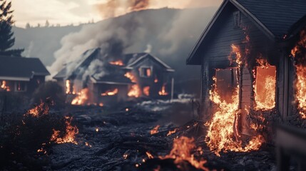 Obraz premium A residential building engulfed in flames amidst an open landscape