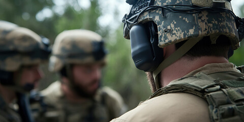 Soldier in Camouflage Helmet with Communication Device