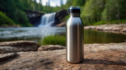 Stainless Steel Water Bottle in Nature: Perfect Companion for Hiking and Outdoor Adventures, Essential for Staying Hydrated Amidst Scenic Landscapes and Fresh Water