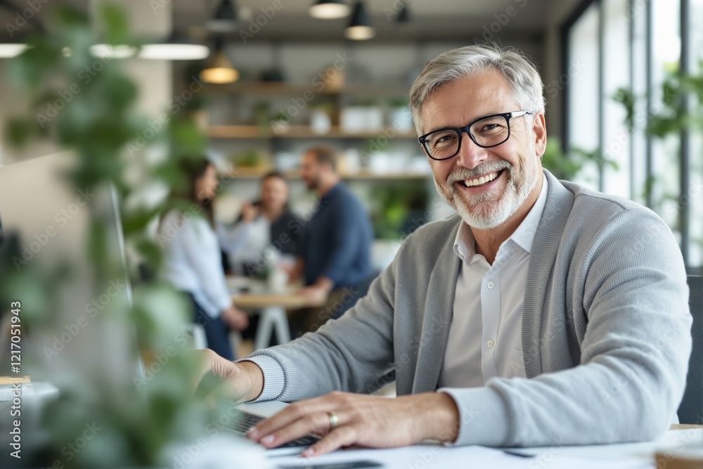 Aufkleber smiling senior man working on a laptop in a modern office setting.