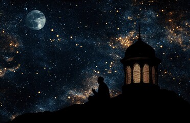 Fototapeta premium Ramadan, night sky with stars and moon, Arabic lantern in the foreground on top of a hill, silhouette of a Muslim man sitting and praying inside an old mosque
