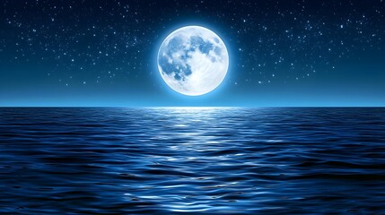 Serene Blue Night Sky with Stars and Moon Over Calm Water