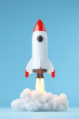 A 3D model of a space rocket launching, with smoke and fire visible. The rocket is isolated against a light blue background.