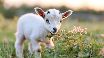 Obraz premium Curious young goat exploring a field of flowers during sunset