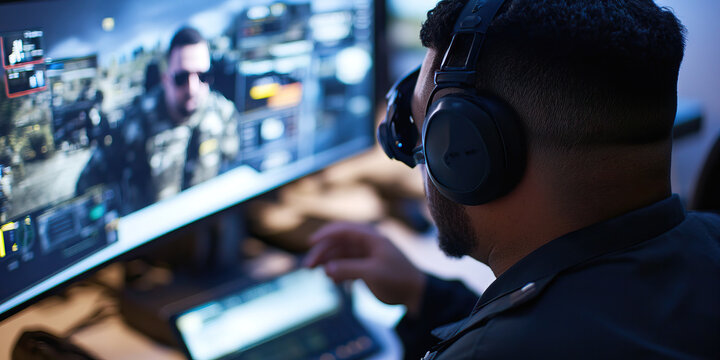 Person Using Tablet and Headphones While Playing First-Person Shooter Video Game