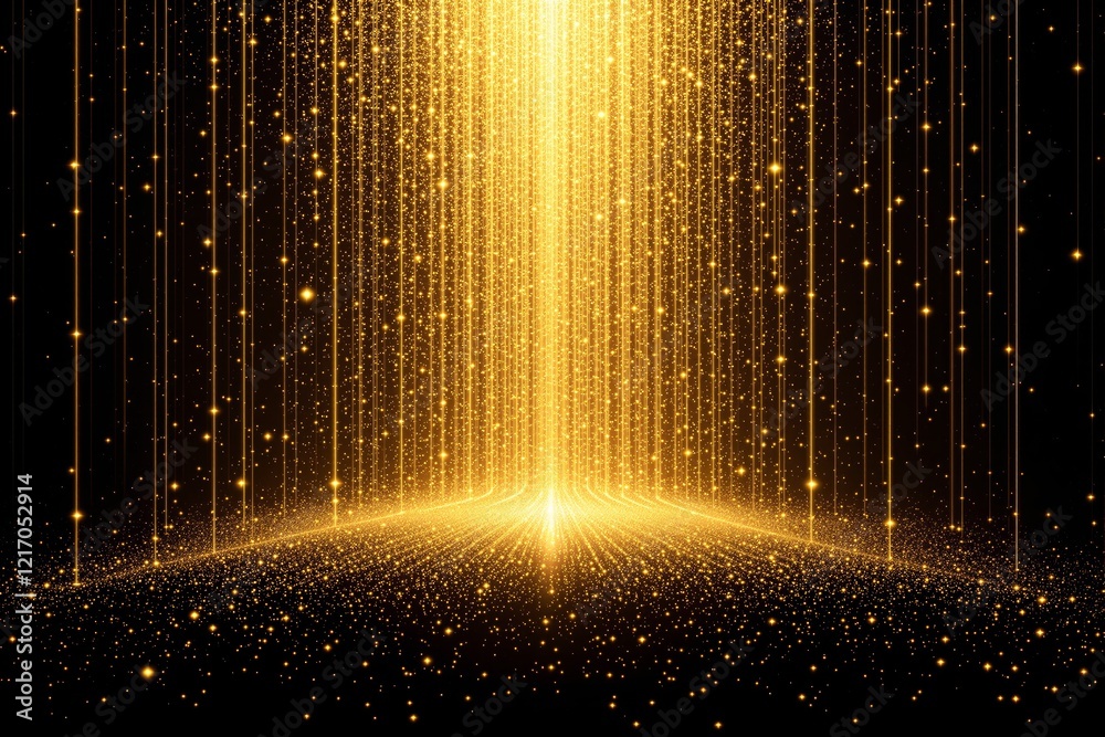 Poster Abstract glowing golden particles forming vertical light beams on dark background.
