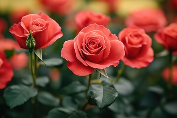 Naklejka premium A cluster of red roses with green leaves