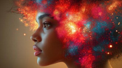 In a moment of reflection, a manager gazes thoughtfully, embodying the burst of creativity within. Her vibrant aura symbolizes inspiration and innovation, perfect for the workspace