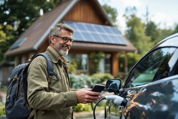 Man charging electric car with solar-powered home in background.