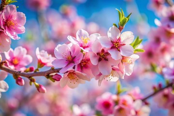Naklejka premium Pink Almond Blossom Macro Closeup, Tilt-Shift Miniature Blue Sky Spring Bloom
